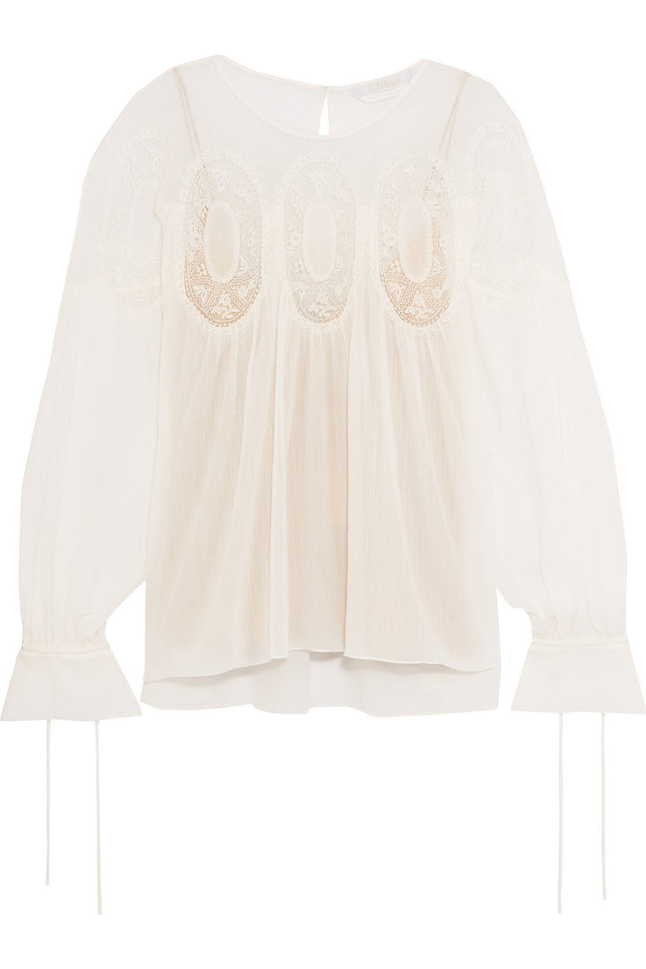 CHLOÉ Lace-trimmed cotton-voile blouse Size FR 36  Ladies