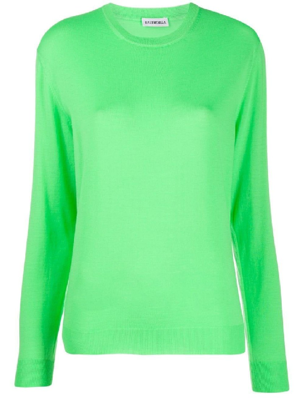Balenciaga Intarsia Logo Crewneck Fuorescent Green Wool Knit Sweater Jumper XS ladies