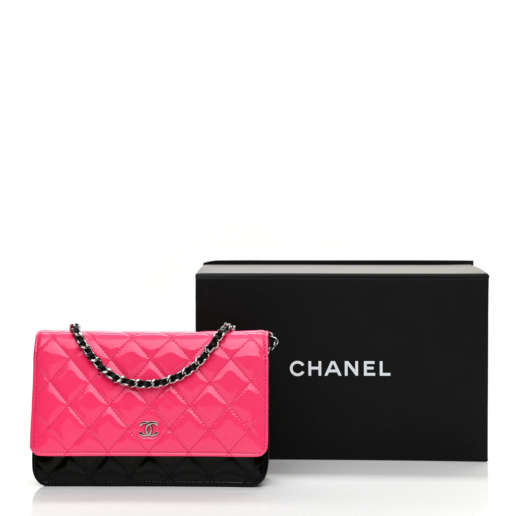CHANEL 2020 Patent Quilted Bi-Color Wallet On Chain WOC Pink Black