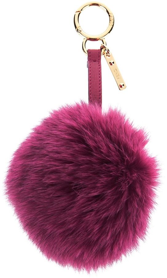 FENDI POM POM BAG CHARM MAGENTA FOX FUR, GOLD HARDWARE KEY RING ladies