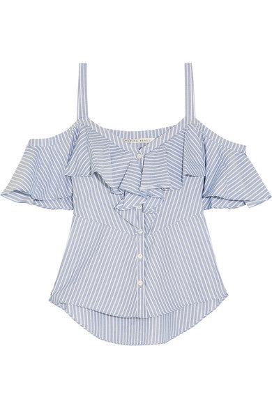 Veronica Beard Grant cold-shoulder ruffled striped cotton blouse Ladies