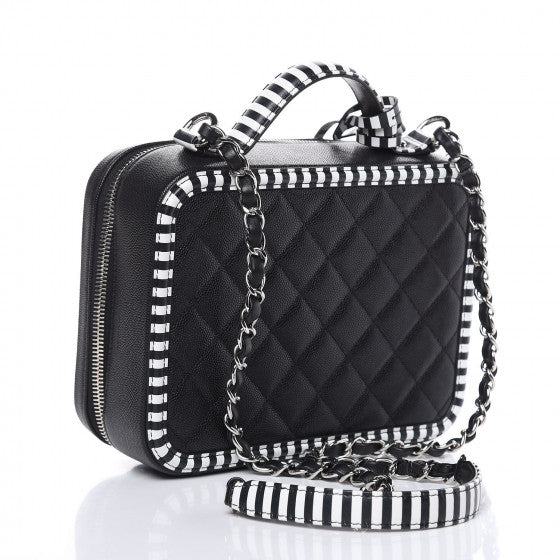 CHANEL 2019 Caviar Quilted Striped Medium CC Filigree Vanity Case Black White ladies