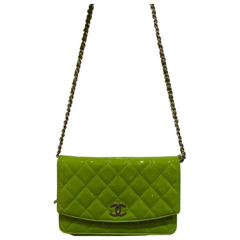 CHANEL Patent Quilted Wallet On Chain WOC Lime Green 46691