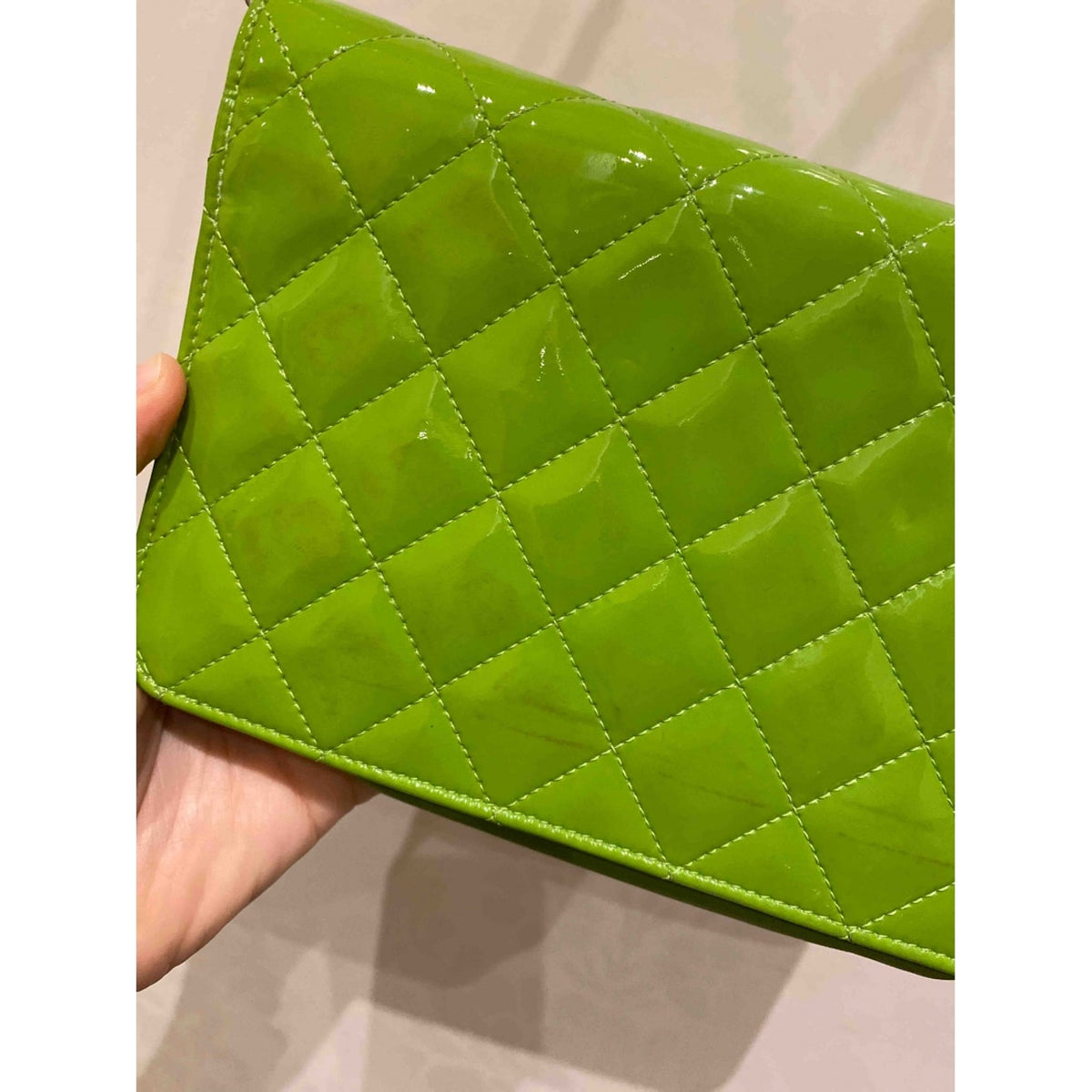 CHANEL Patent Quilted Wallet On Chain WOC Lime Green Bag Handbag Rare Ladies