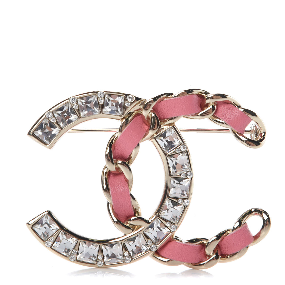 Chanel Lambskin Crystal Chain CC Brooch Pink Leather Gold ladies