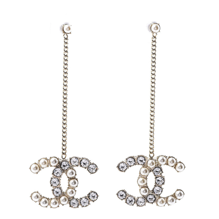 CHANEL 2020 Crystals & Pearls Large CC Drop Earrings ladies
