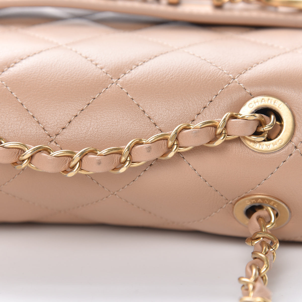 Chanel SOLD OUT Logo Calfskin Quilted Small Enchained Flap Beige Bag Handbag ladies