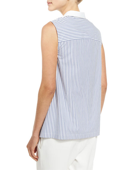 Brunello Cucinelli A-Line Striped Poplin Shirt Sleeveless White/blue Monili Trim ladies