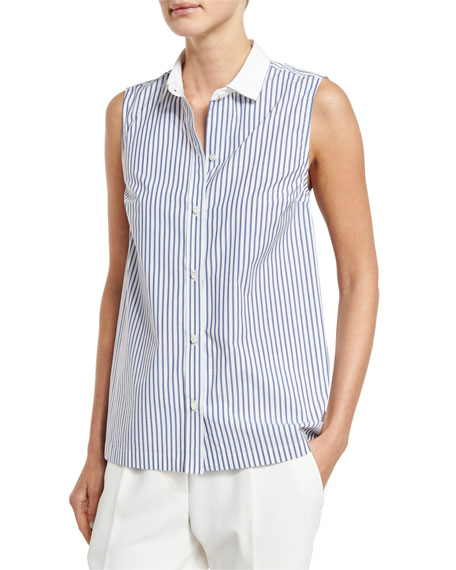 Brunello Cucinelli A-Line Striped Poplin Shirt Sleeveless White/blue Monili Trim ladies