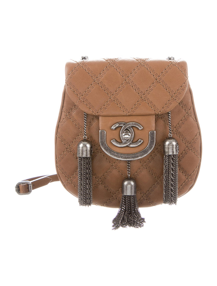 CHANEL Runaway Calfskin Coco Sporran Small Tassel Flap in Beige Brown LADIES