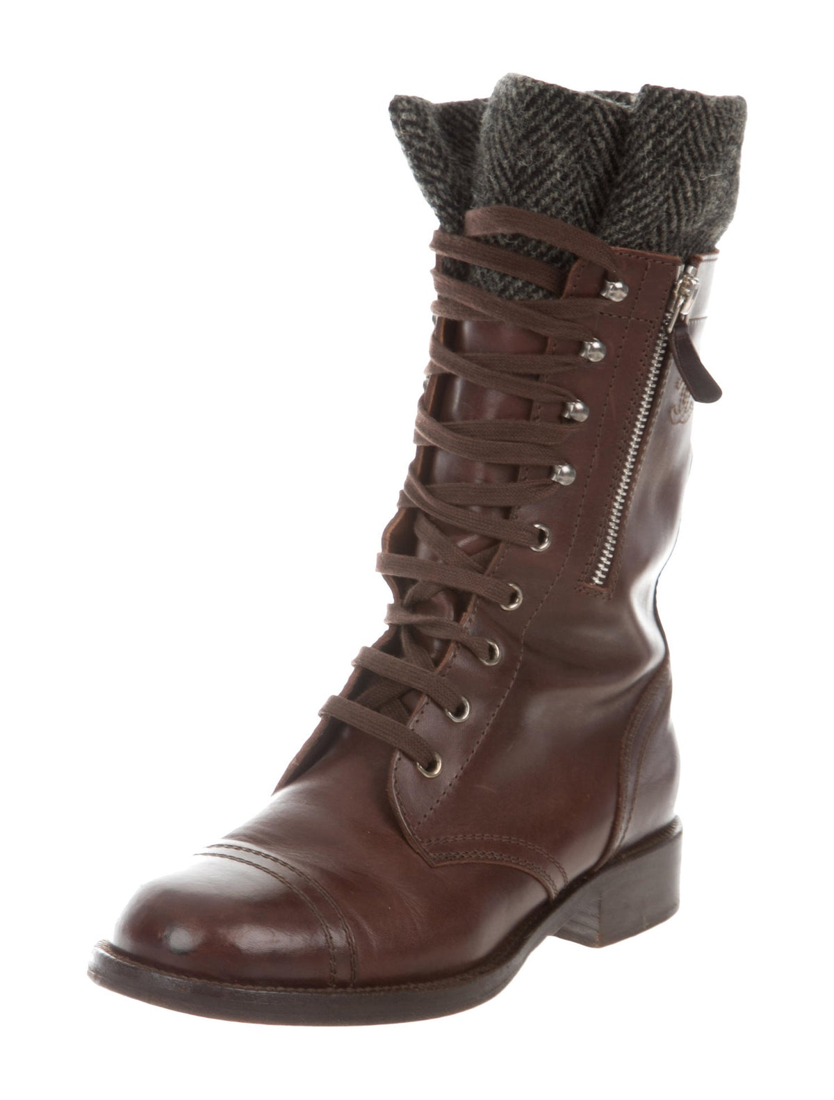 CHANEL CC Knit-Trimmed Combat Ankle Boots Leather Booties Size 39  ladies