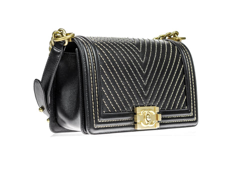 Chanel Limited Edition Calfskin Chain Chevron Small Boy Flap Black Handbag Bag Ladies