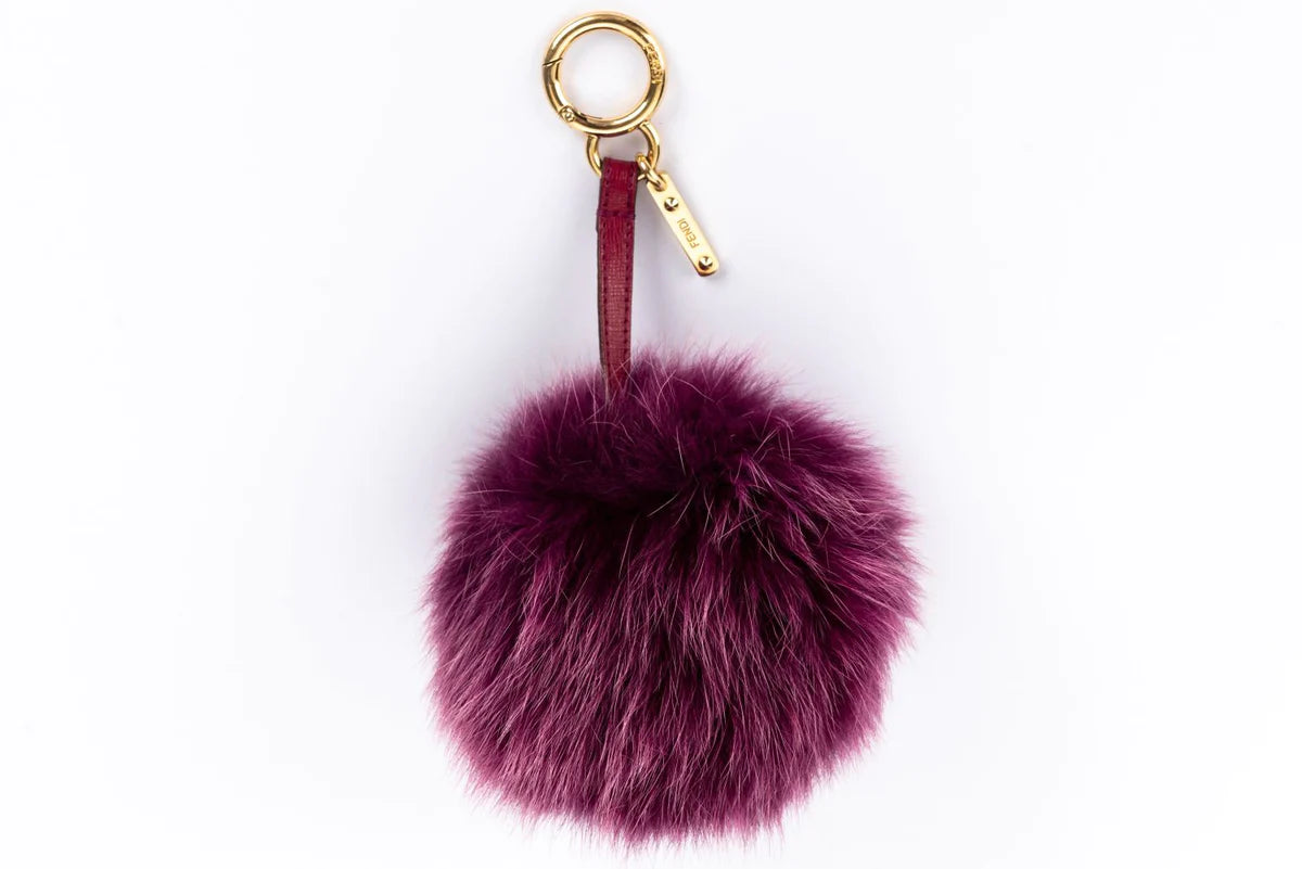 FENDI POM POM BAG CHARM MAGENTA FOX FUR, GOLD HARDWARE KEY RING ladies