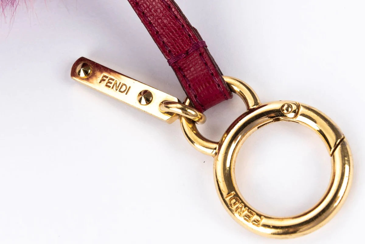 FENDI POM POM BAG CHARM MAGENTA FOX FUR, GOLD HARDWARE KEY RING ladies