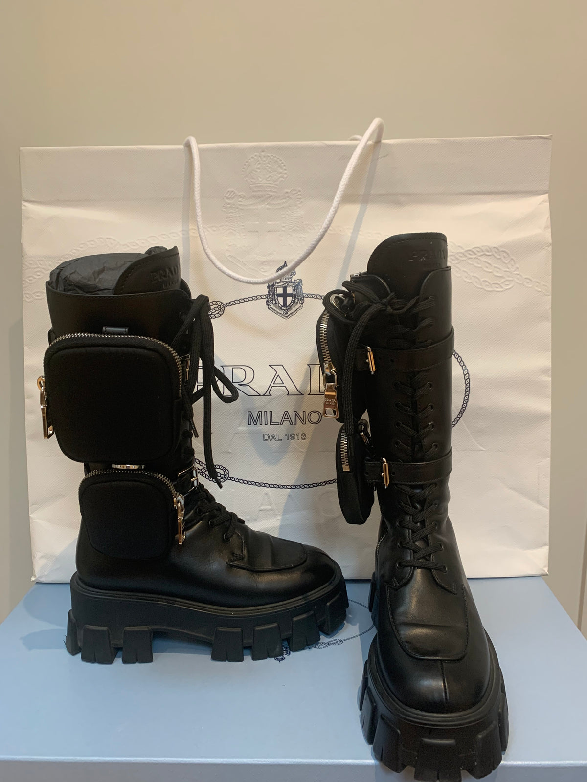 Prada Runway 2019 Black Monolith Chunky Combat Boots size 35 US 5 Ladies
