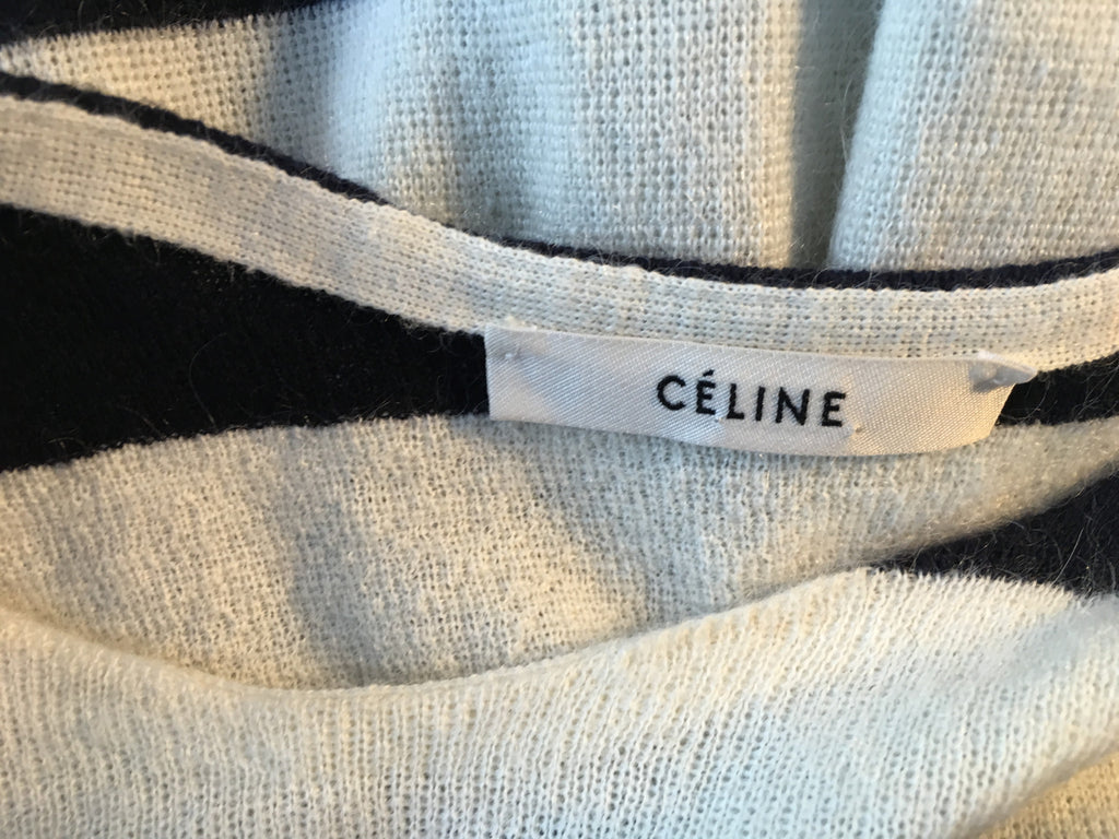 CÉLINE Celine Phoebe Philo CREW NECK NAVY & WHITE INTARSIA STRIPED WOO ...