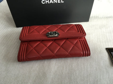 CHANEL Authentic $1,295.00 Chanel Boy Red Quilted Leather Wallet