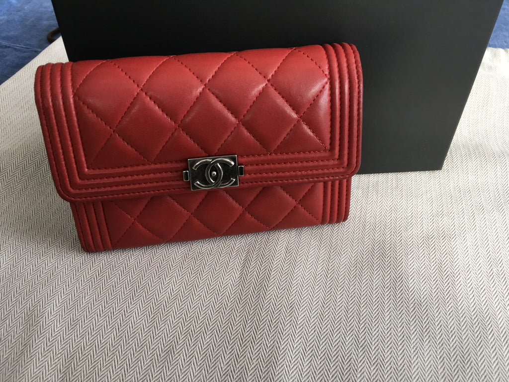 Authentic Chanel Red North South Boy Calfskin Leather Shoulder Bag