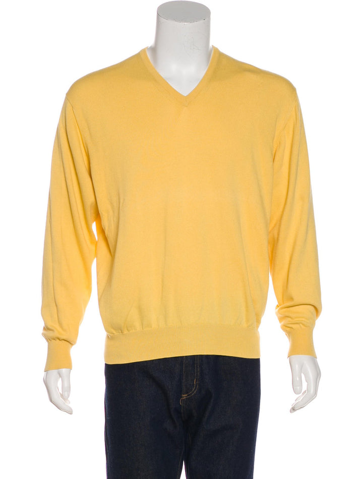 LORO PIANA Yellow Knit V-Neck PURE CASHMERE Sweater Jumper I 54 US 44 XXL Men