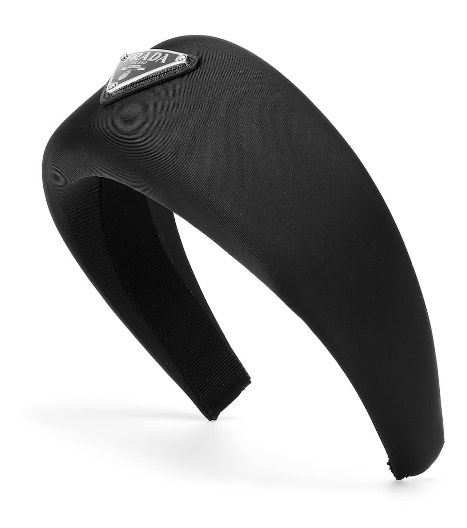 Prada headband with signature triangle and logo at top ladies
