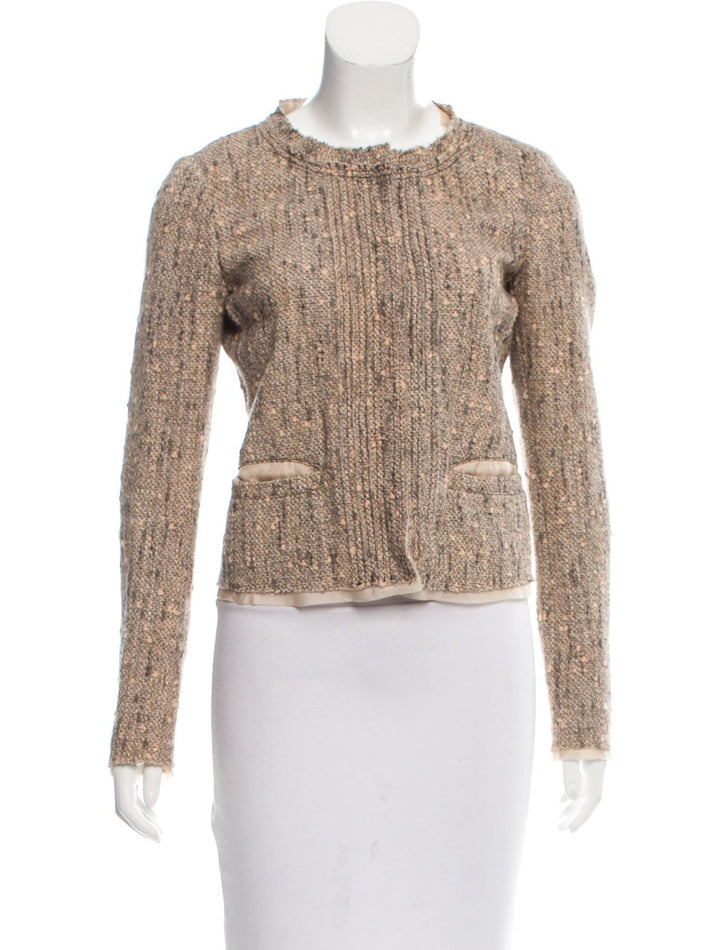 PRADA Tan Tweed Linen & Wool Snap Blazer Jacket  Ladies