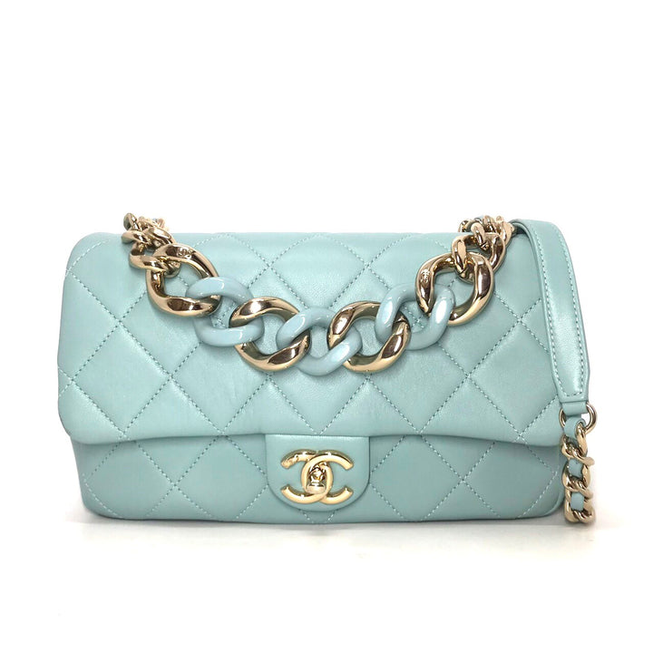 CHANEL 2020 Medium Lambskin Quilted Resin Bi-Color Elegant Chain Flap Bag Green ladies