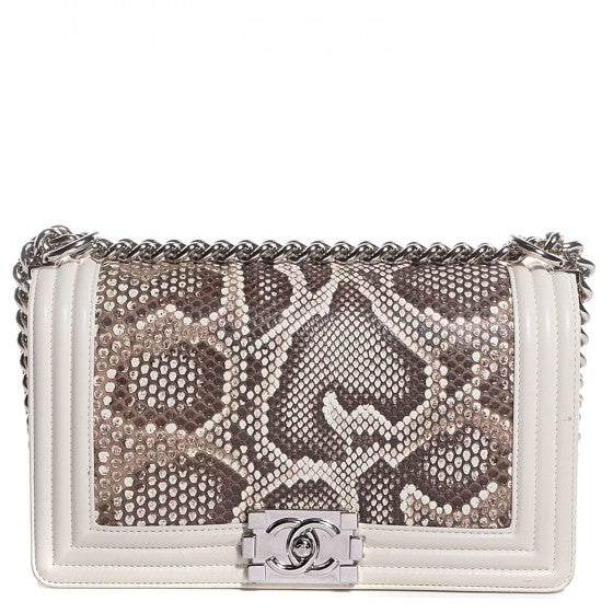 CHANEL Python Calfskin Small Boy Flap White Bag Handbag Ladies