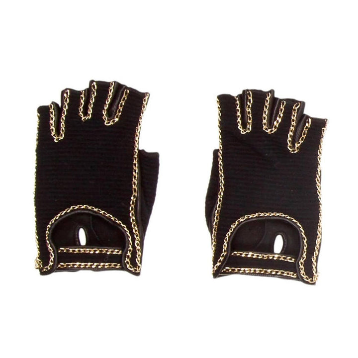 CHANEL Lamb Leather Sheepskin Gold Chain Fingerless Gloves Size 7 1/2 ladies