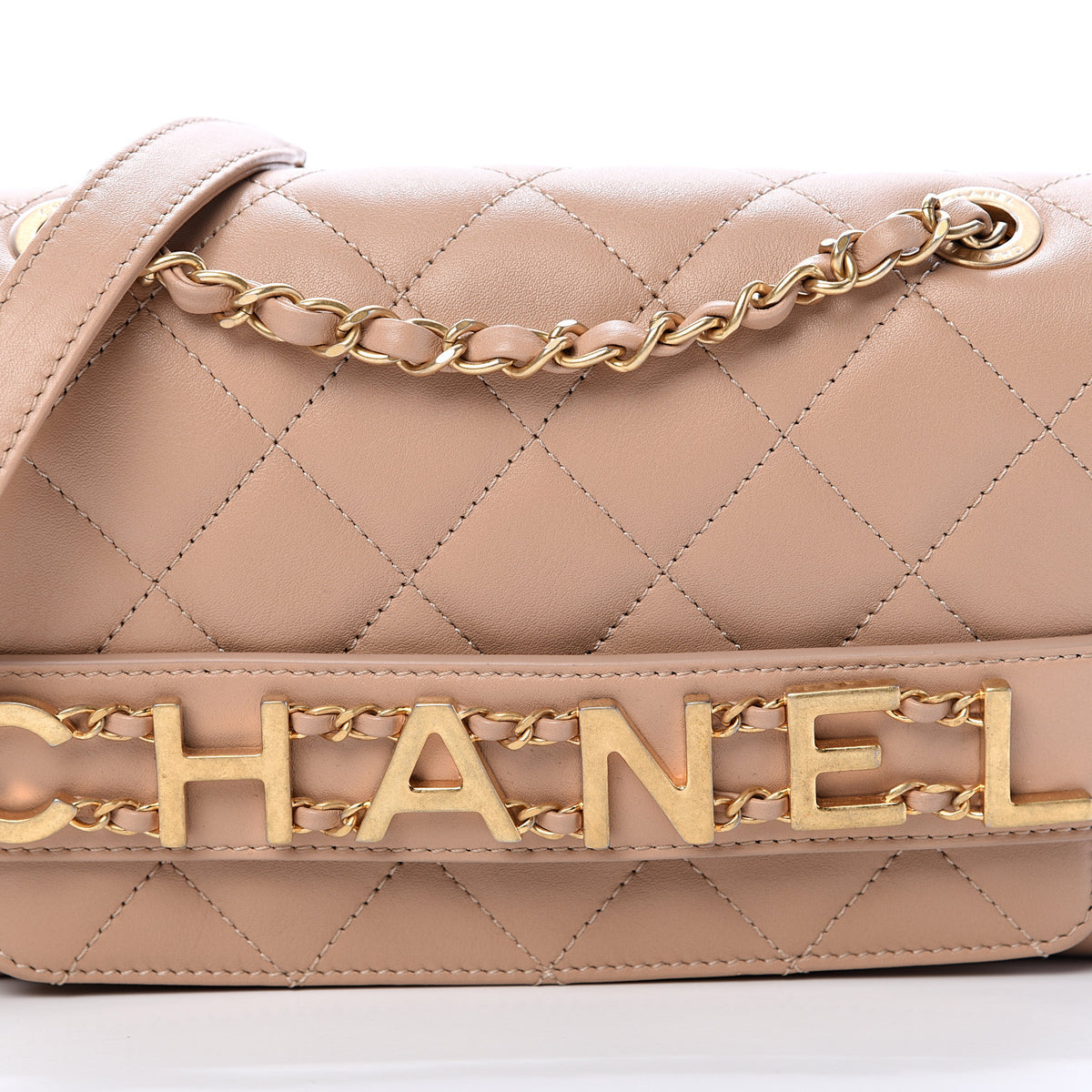 Chanel SOLD OUT Logo Calfskin Quilted Small Enchained Flap Beige Bag Handbag ladies