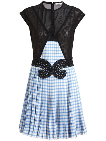 Carven Blue Pleated Gingham and Mesh Dress Size FR 42 UK 12 US 10 ladies