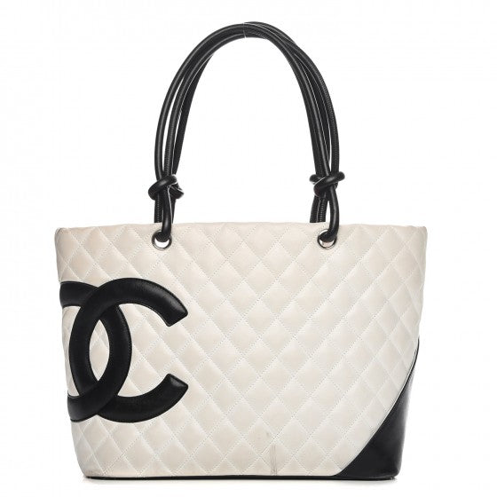CHANEL Calfskin Quilted Large Cambon Tote White Black Bag Handbag ladies