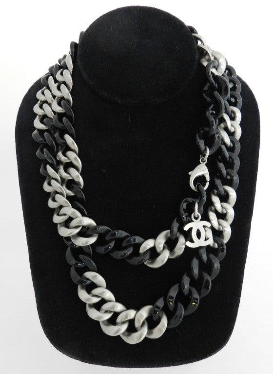 Chanel 07P Black Resin & Brushed Silver Long Necklace