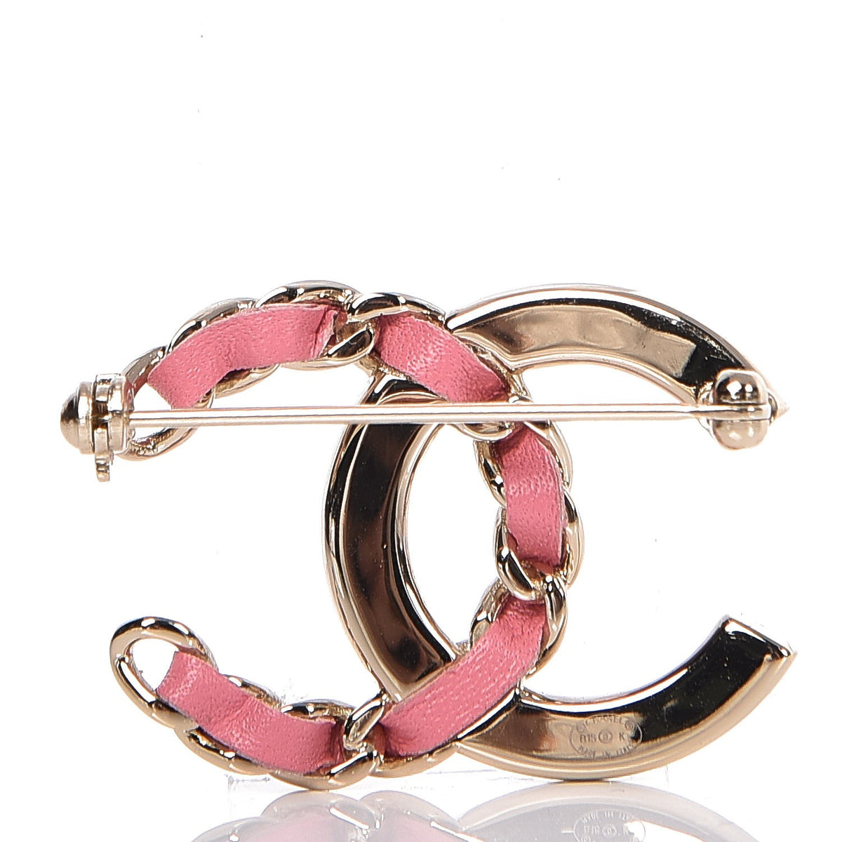 Chanel Lambskin Crystal Chain CC Brooch Pink Leather Gold ladies