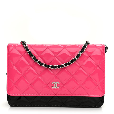 CHANEL 2020 Patent Quilted Bi-Color Wallet On Chain WOC Pink Black Bag  Handbag