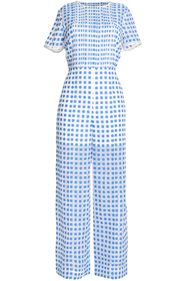 Diane von Furstenberg 2018 White Blue Pintuck Fil Coupé Jumpsuit  Ladies
