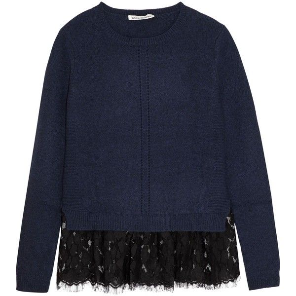 Autumn Cashmere Lace-Trim Cashmere Sweater Navy Crewneck Pullover Size Small
