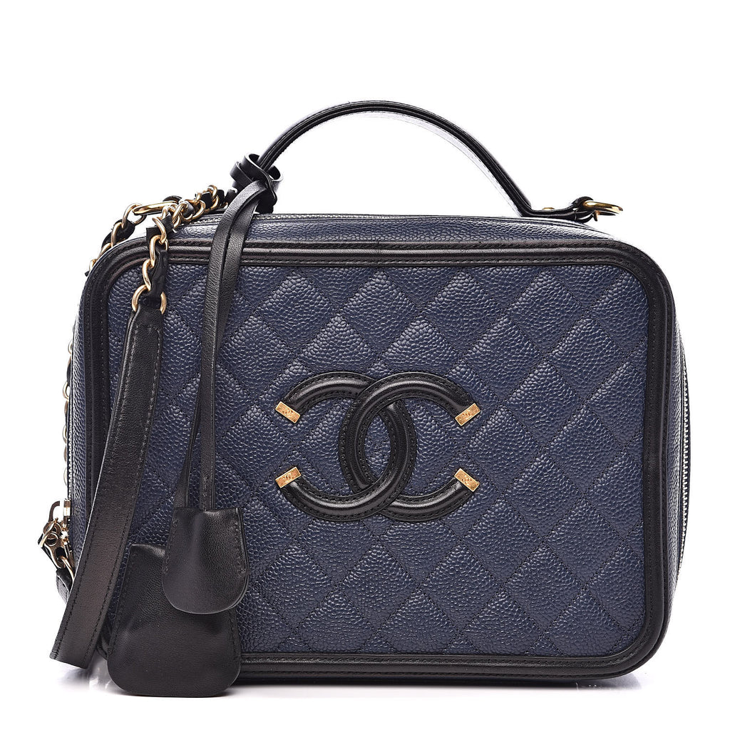 CHANEL Caviar Quilted Large CC Filigree Vanity Case Navy Black Bag