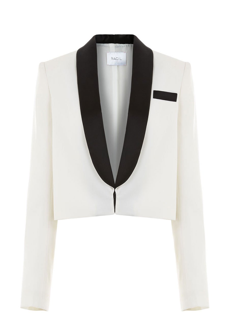 Amazing Rare Racil Ivory Dallas Wool Cropped Tuxedo Jacket Ladies
