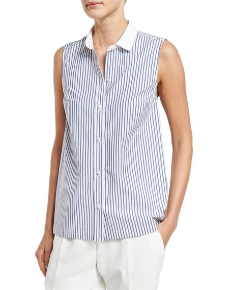 Brunello Cucinelli A-Line Striped Poplin Shirt Sleeveless White/blue Monili Trim ladies
