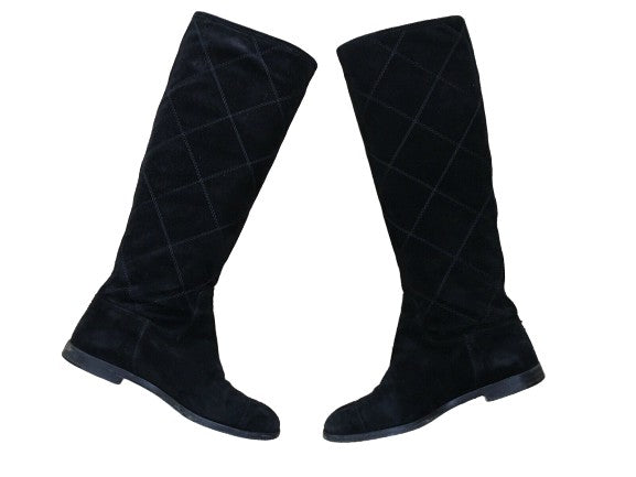 CHANEL Suede Black Leather Knee High Boots Size 37 1/2 UK 4.5 US 7.5 ladies