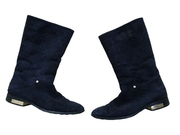 DIOR Navy Suede Leather Shearling Fur Cannage Flat Boots Size 36 UK 3 US 6 ladies