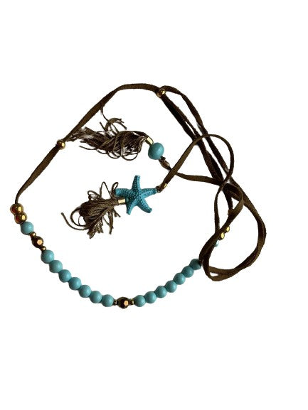Brown Suede Blue Beaded Stone Star Pendant Chain Necklace ladies