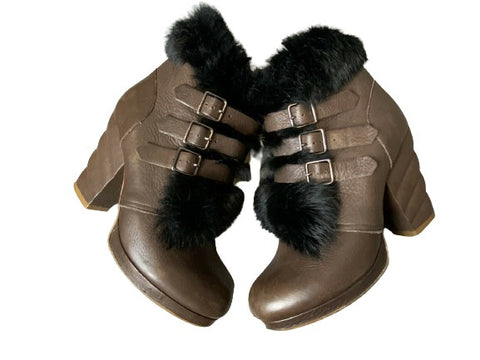 See by Chloé Chloe Fur Trim Ankle Bootis Leather Boots Size 38 ladies