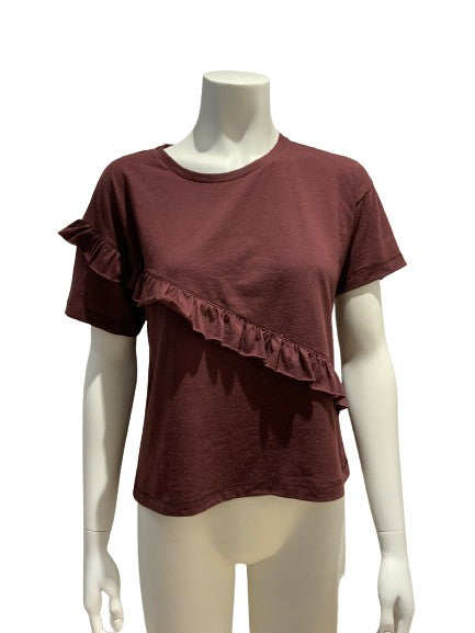 Amazing MIXED Brazil burgundy ruffle trim top T shirt Size P XS ladies