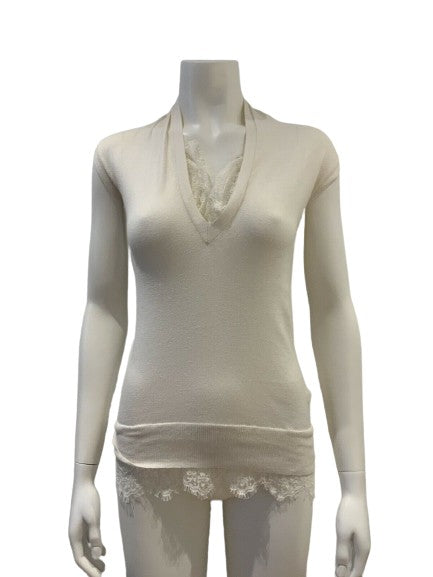 Ermanno Scervino Lace Insert knit White Top Size S small ladies