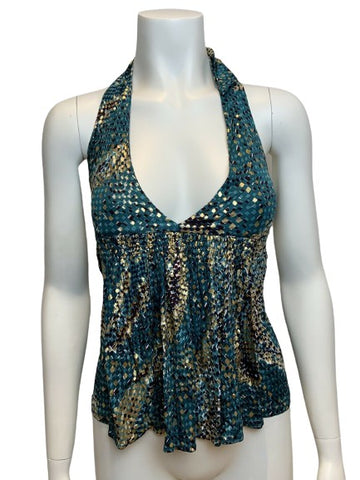 Frost French Halter Silk Summer Gold Printed TOP SIZE UK 8 US 4 S small ladies