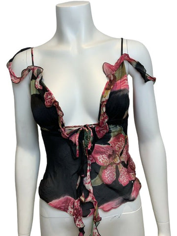 ROBERTO CAVALLI 2004 Floral Printed silk-chiffon tank top Size XS ladies