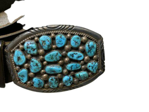 Natural Kingman Turquoise Cluster Belt Buckle By Tommy Moore Sterling Silver 80cm ladies