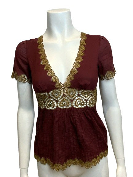 $440 Catherine Malandrino Embroidered TOP Size 0 UK 4 ladies