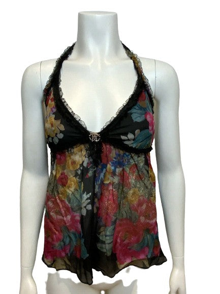 ROBERTO CAVALLI Floral Printed silk-chiffon embellish top Size I 42 UK 10 US 6 ladies